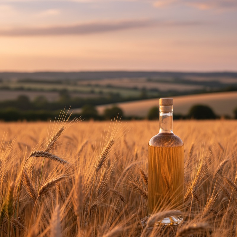 Champs de blé français et bouteille de spiritueux