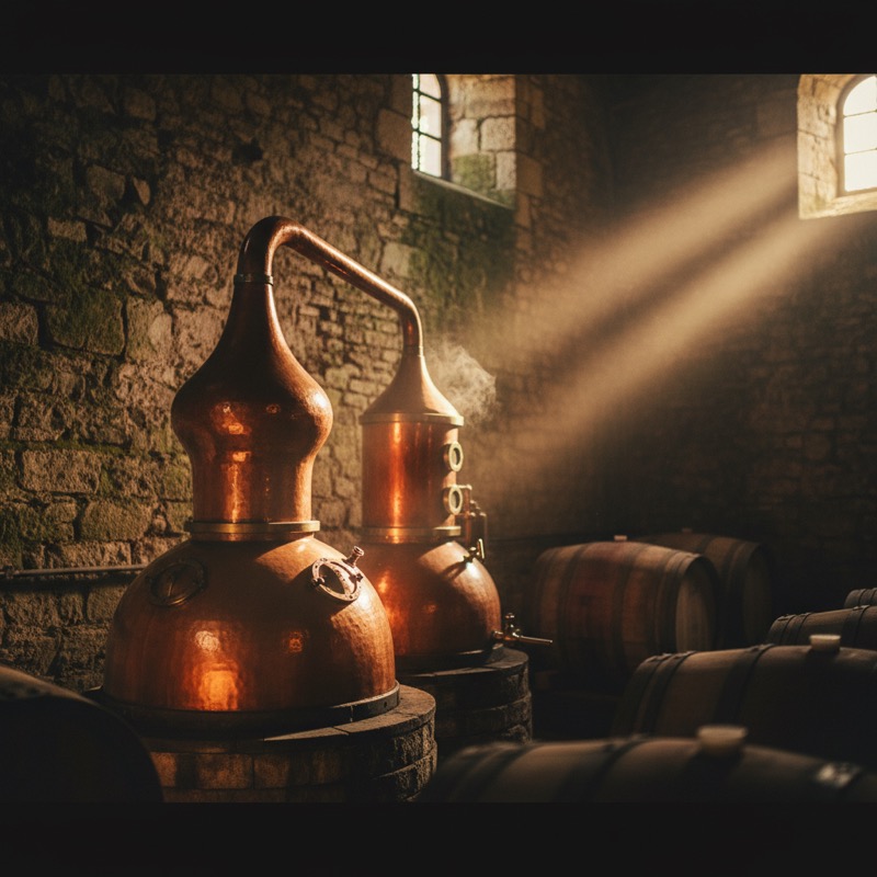 Alambic en cuivre dans une distillerie française traditionnelle