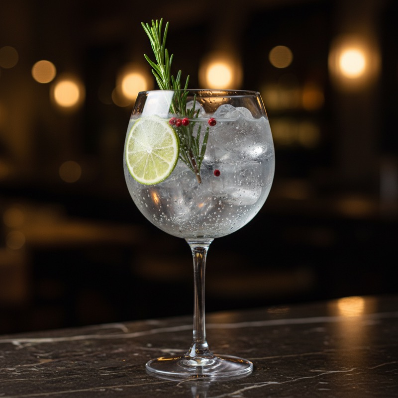Gin tonic servi dans un verre ballon avec garniture botanique