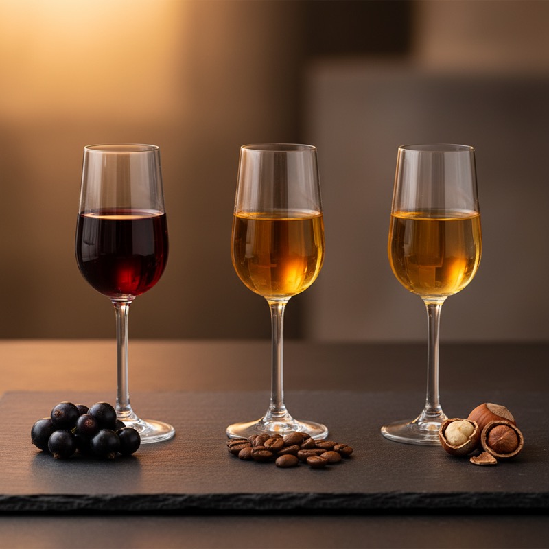 Liqueurs colorées alignées dans un atelier artisanal