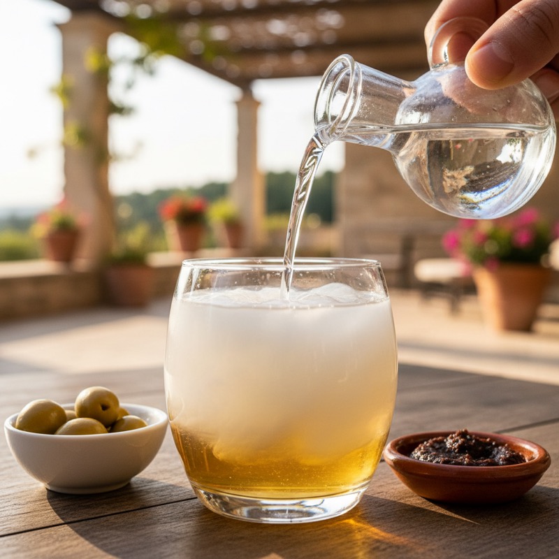 Pastis servi dans un verre avec carafe d'eau fraîche