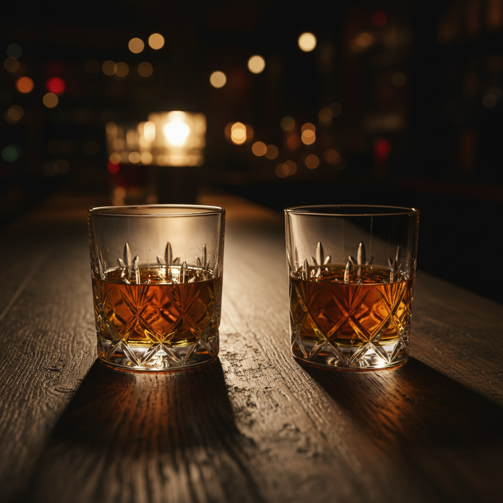 Verres de whisky français sur un comptoir en chêne